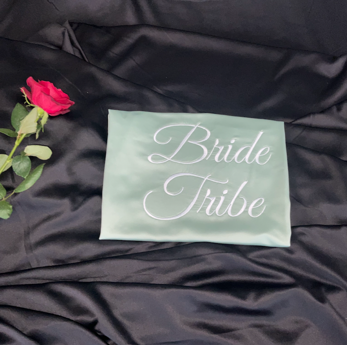 bride Tribe sage Personalized satin gown back embroidery sage